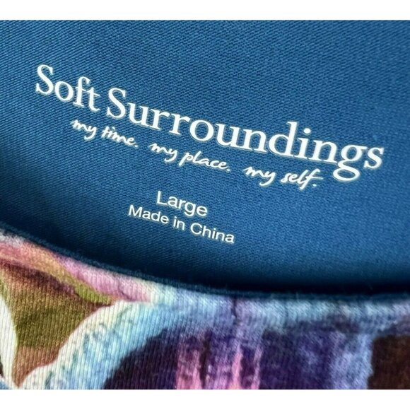 Soft Surroundings Top Blouse L Floral Tropical Colorful Artsy Cap Sleeve Waist - Picture 2 of 7